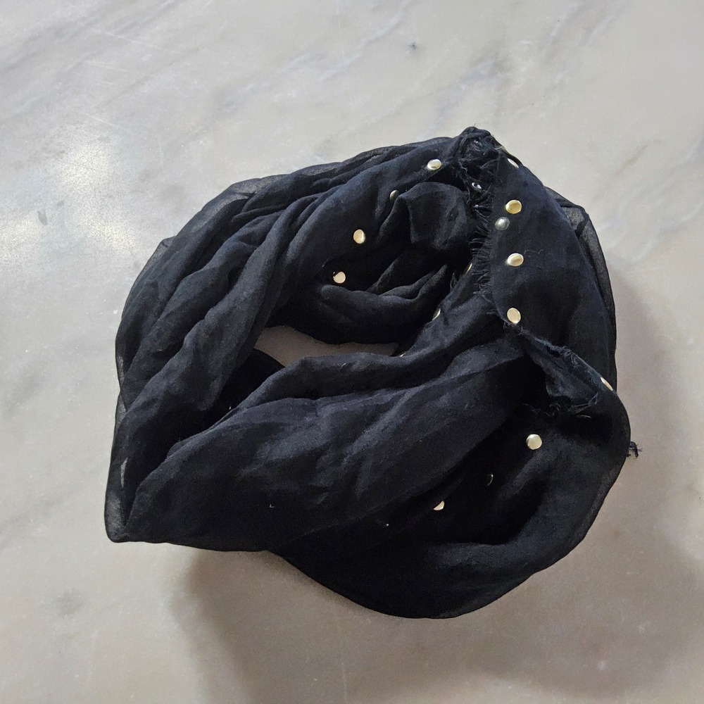 Charming‎ Charlie Black Scarf with Gold Studs and Frayed Edges - 35" x 77"